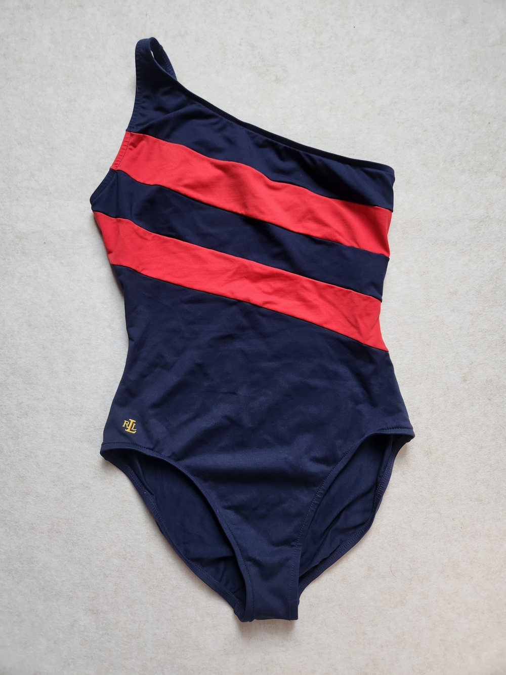Vintage Ralph Lauren Women's L Navy/Red Striped One-Shoulder One-Piece Swimsuit